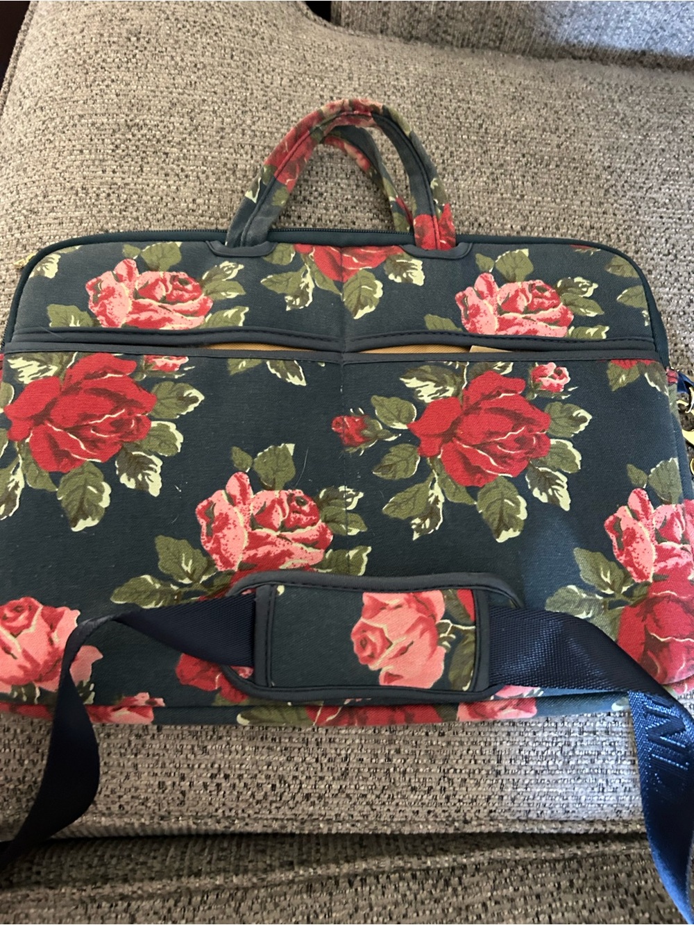 Floral Rose Print Laptop Bag in Dark Green